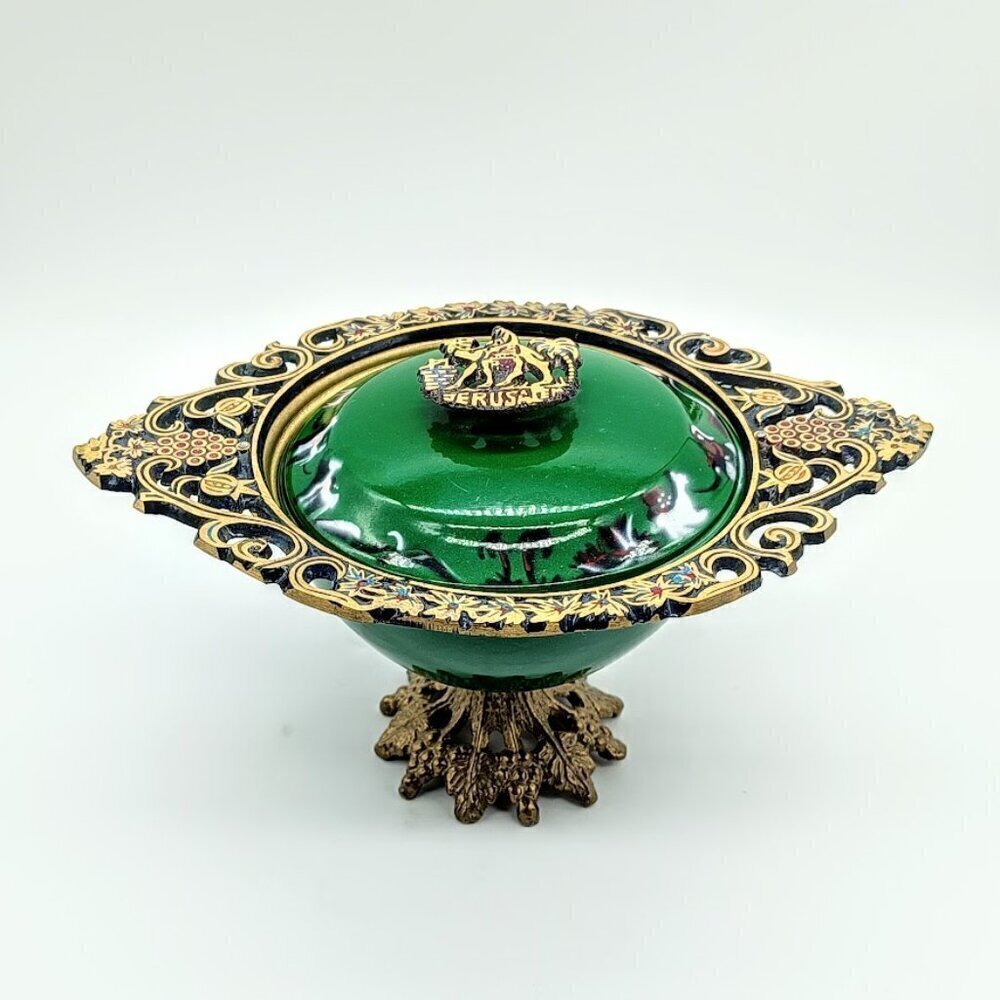 Judaica Jerusalem Green Metal Brass Covered Pedestal Bowl